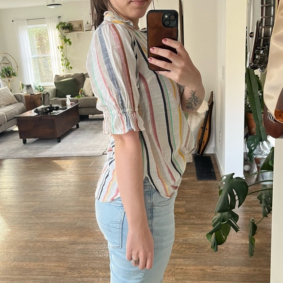 Maeve Anthropologie “Alisa” Button-Up Striped Top with Puff Sleeves - Picture 2 of 8